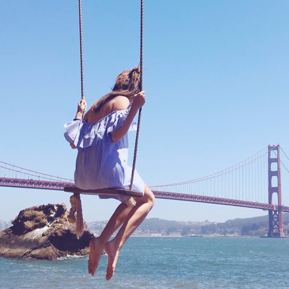 Zara seersucker blue and white strapless dress